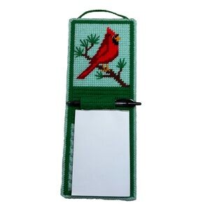 Vintage Needlepoint Canvas Hanging Note Pad Holder  Bird Cardinal